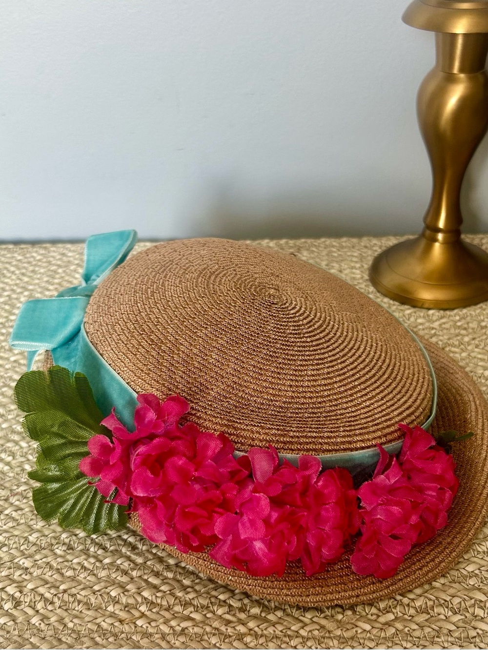 Vintage Spencer Canada Straw Tilt Hat Aqua Velvet Ribbon Floral Cocktail Hat